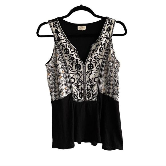 ANTHROPOLOGIE Meadow Rue Boho Sleeveless Tank Top Embroidery Black Cream XS - Picture 1 of 4